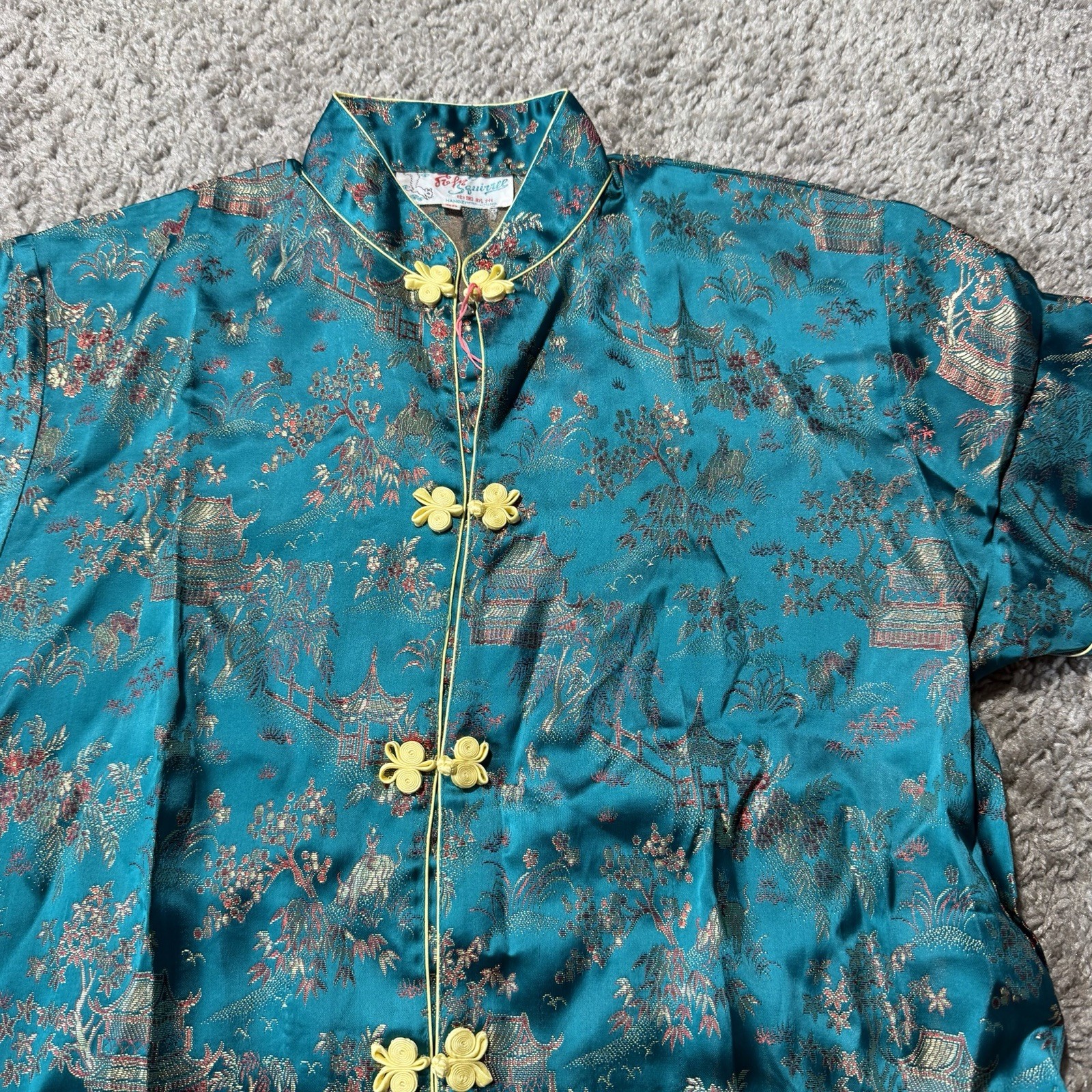 Vintage Solz Squirrel Teal Satin Embroidered Cheongsam Dress Sz 20 Medium Fit