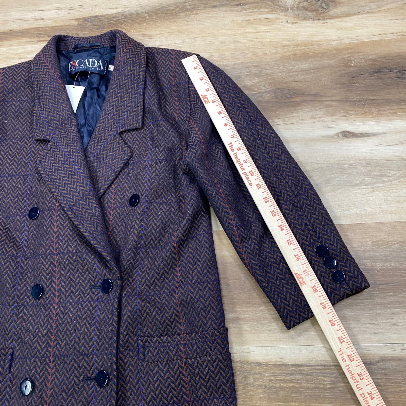 80s Escada Margaretha Ley West Germany Herringbone Wool Double Breast Blazer 36
