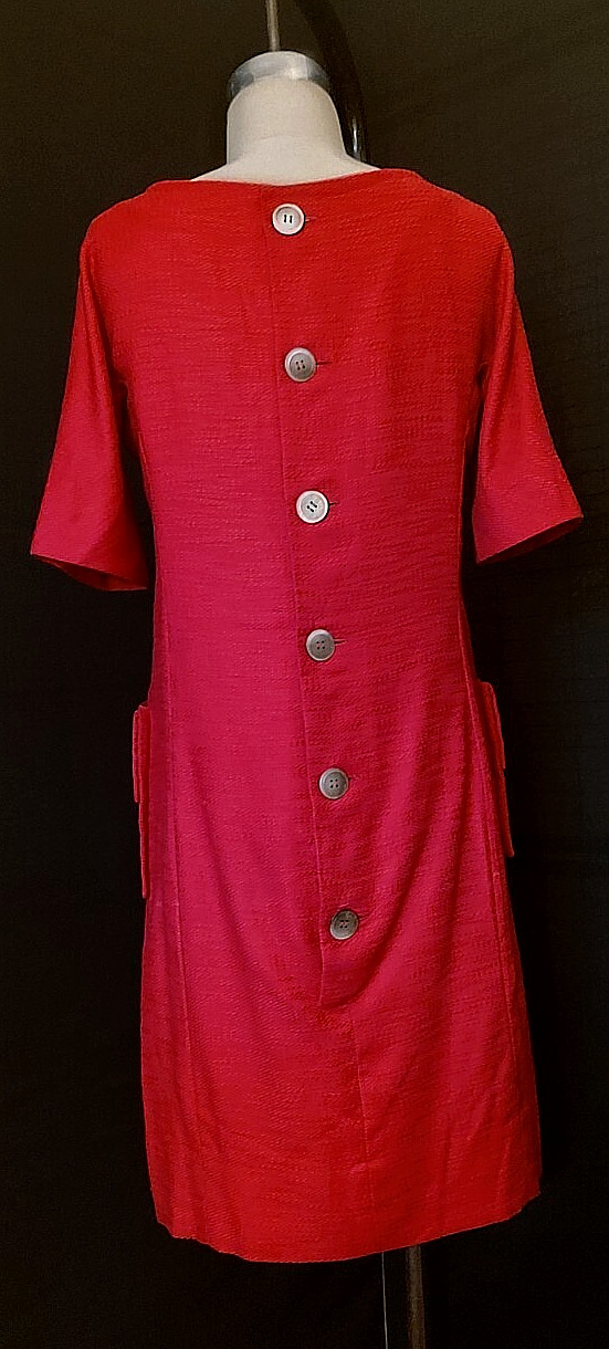 Vtg 60s SHIFT Style DRESS SABRINA NECK, DEEP GERANIUM PINK LINEN, MOP BUTTONS
