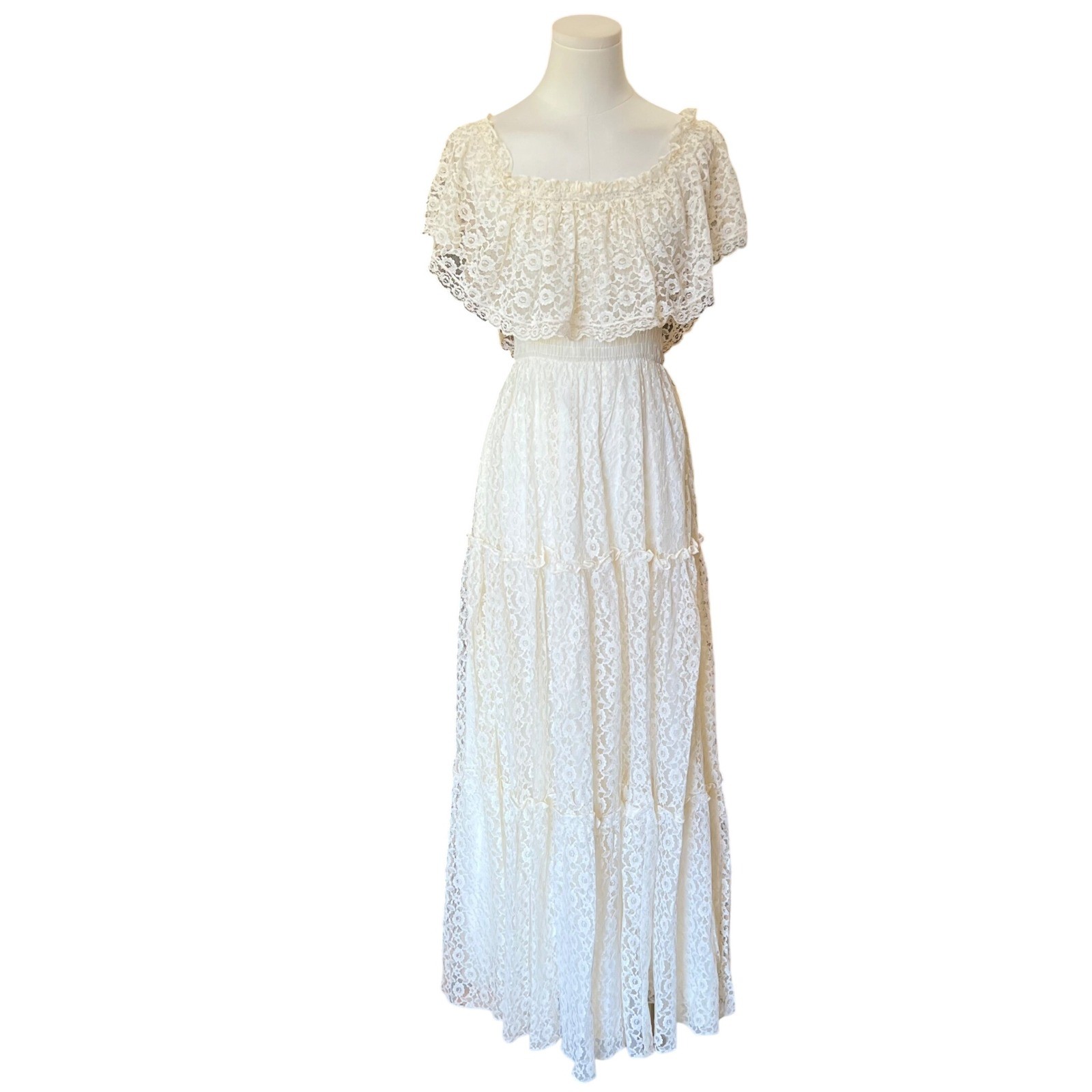 Vintage 70s Candi Jones Ivory Lace Maxi Dress Smocked Prairie Boho Wedding Small