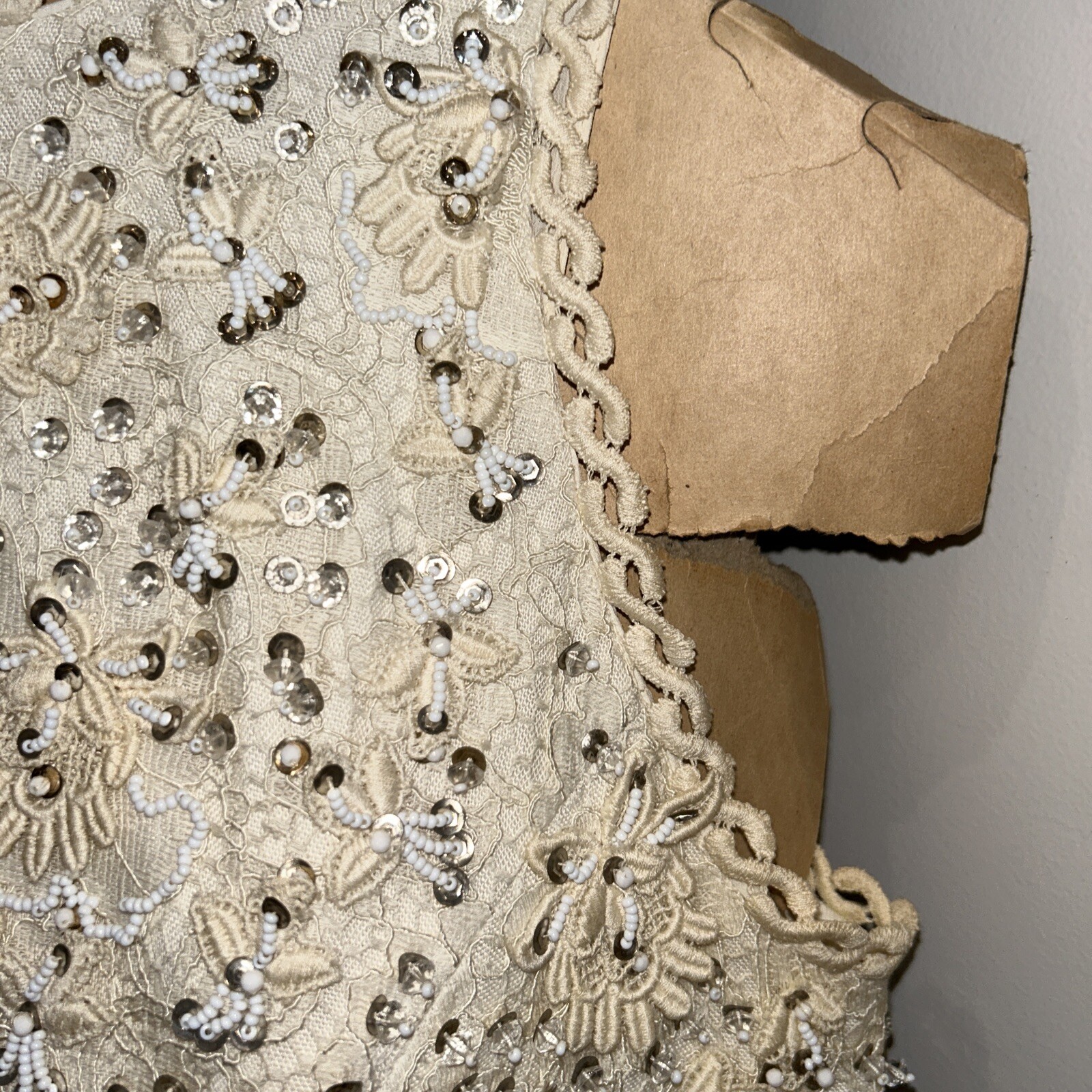Pat Sandler Chiffon Ivory Cocktail Dress Sequin Lace Top Flowy Bottom S/M