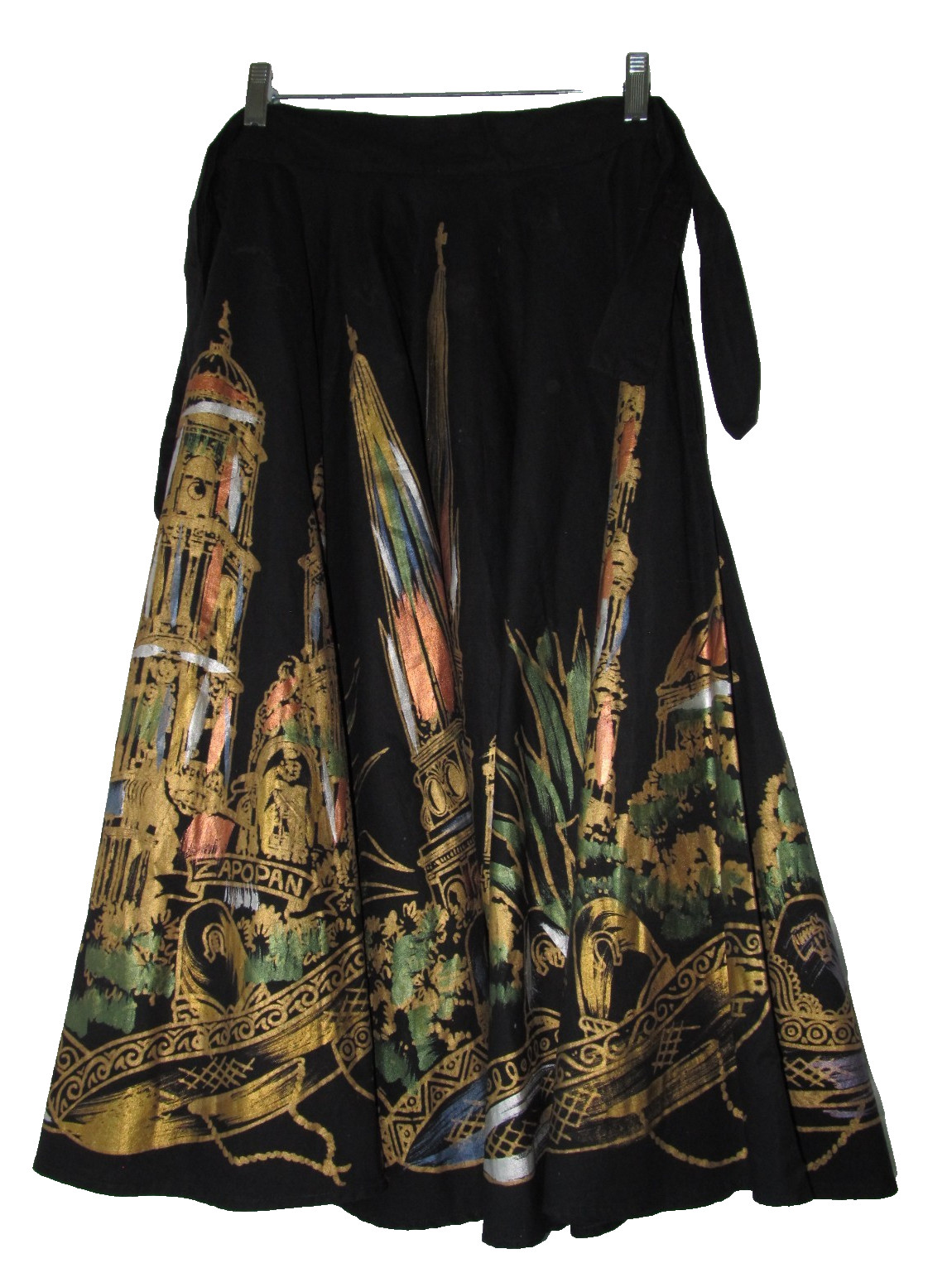Hand Painted Circle Skirt Novelty Print Vintage Mexico Souvenir Modesty Midi