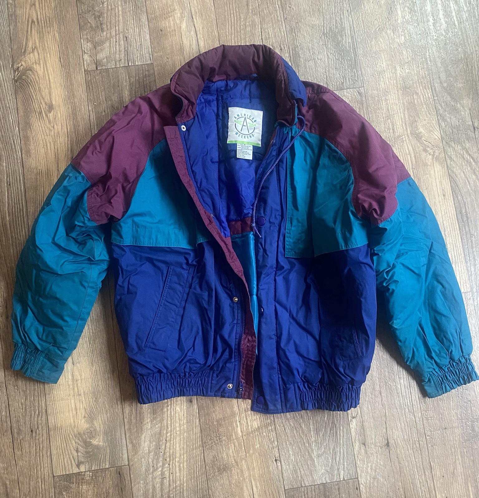 American Weekend Vintage 80s Colorblock Ski Jacket Blue Pink Nylon Lining