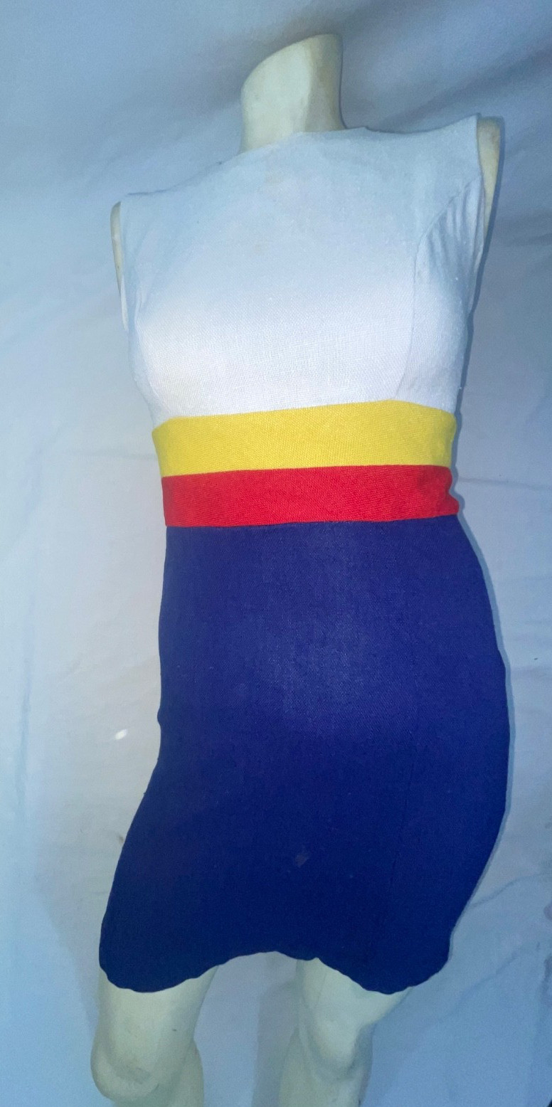VTG 60S 70S WOMENS S BLUE WHITE RED YELLOW STRIPE DISCO MOD DRESS JACKET SET