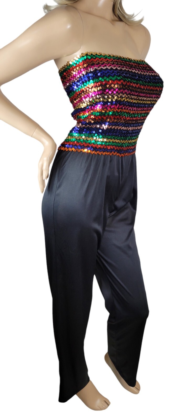 Vintage 70s JC Penney Fashions Rainbow Sequin Disco Halter Jumper Jumpsuit 13/14