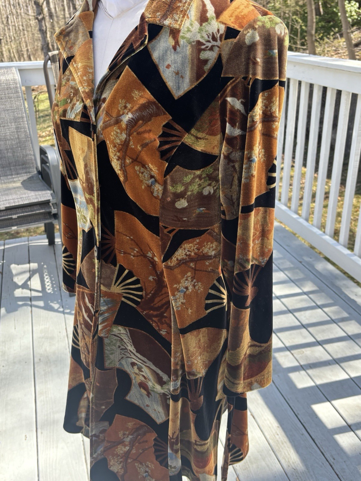 VTG CLIO 1990’s BLACK VELVET / VELOUR FAN PATTERNED DRESS COAT SZ M