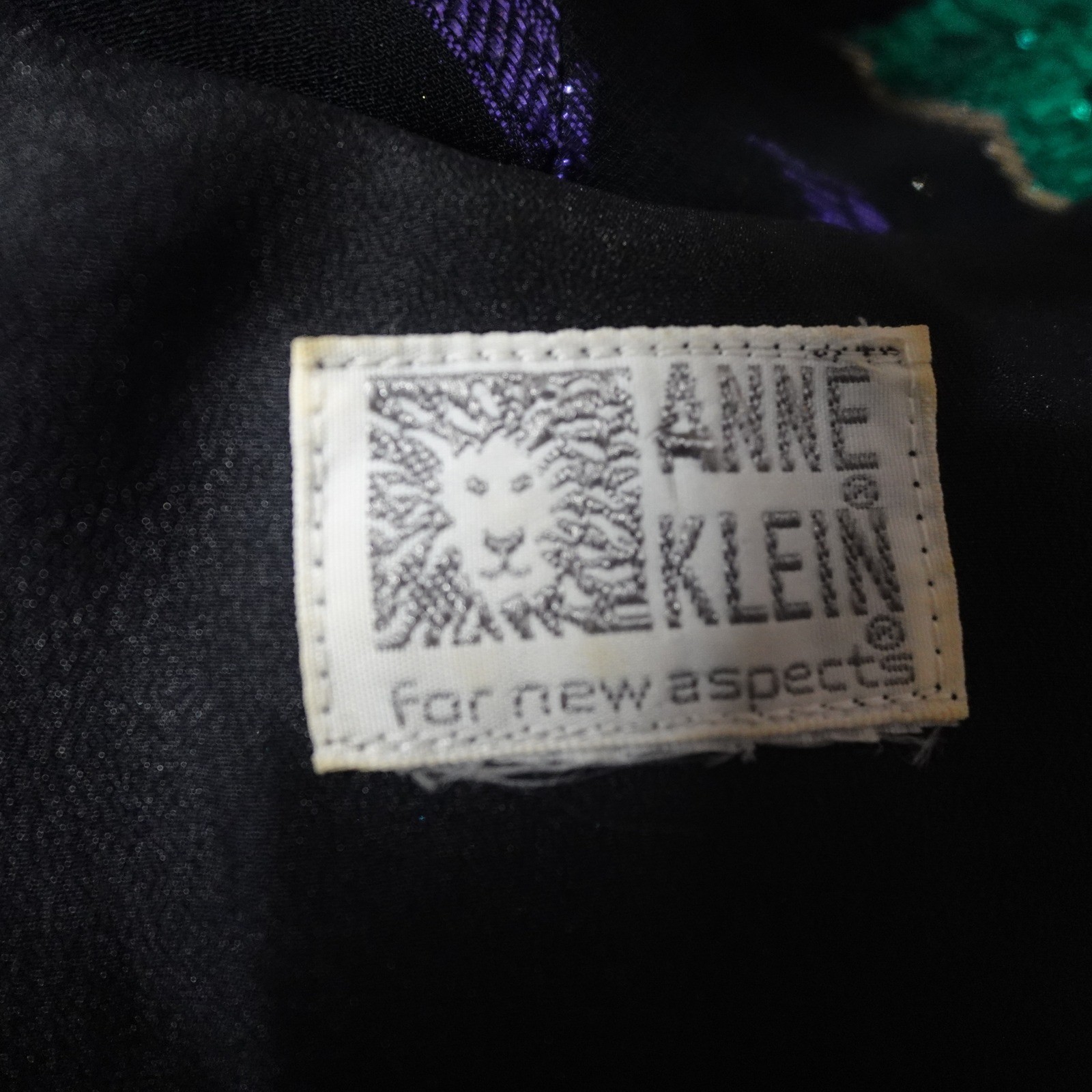 Vintage Anne Klein Black Metallic Abstract Blouse Purple Teal Gold Glam Top 80’s