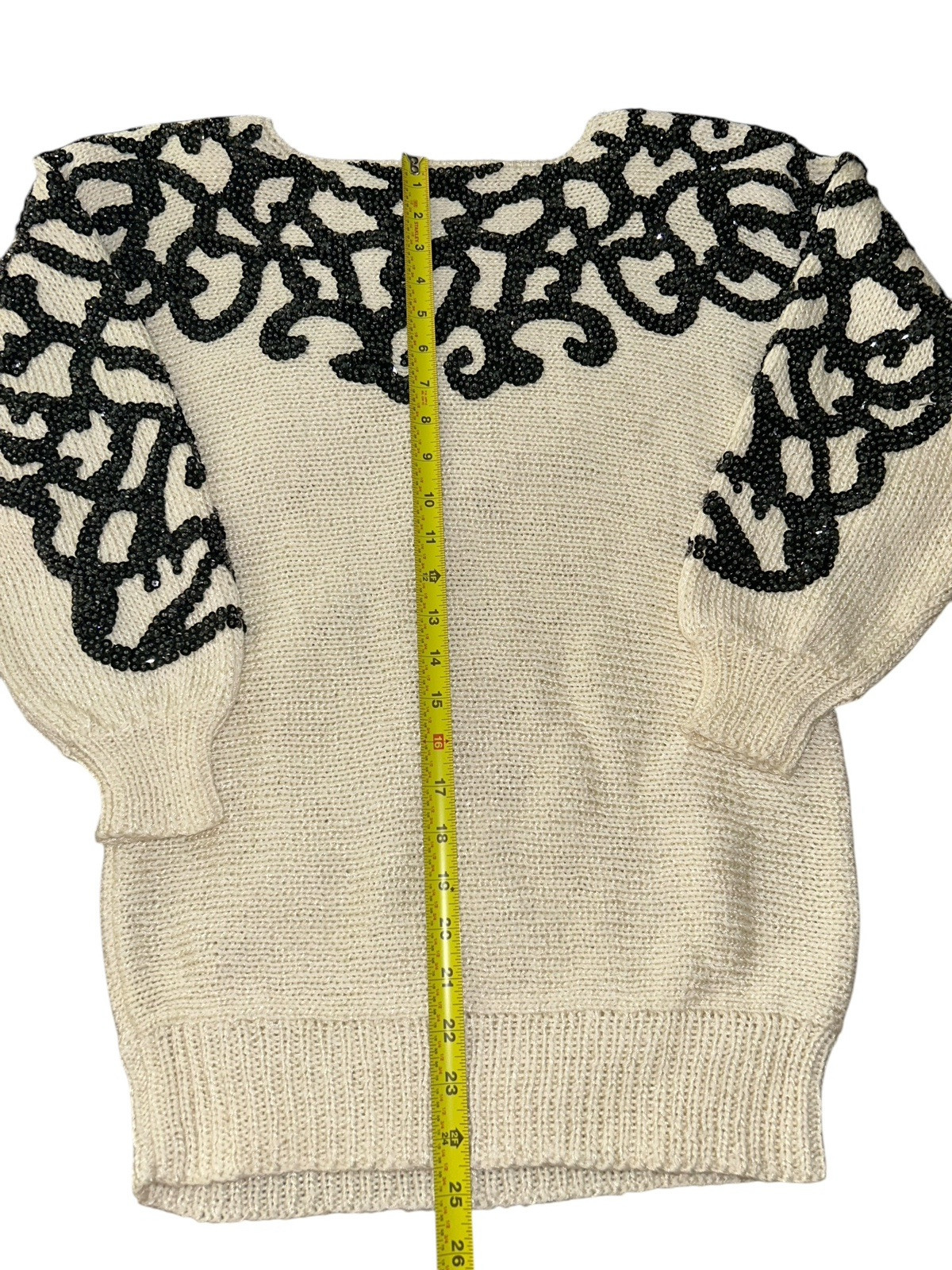 Vtg 80s Nannell Sequins Appliqué Embellished Knit Sweater Size S/M Black Ivory