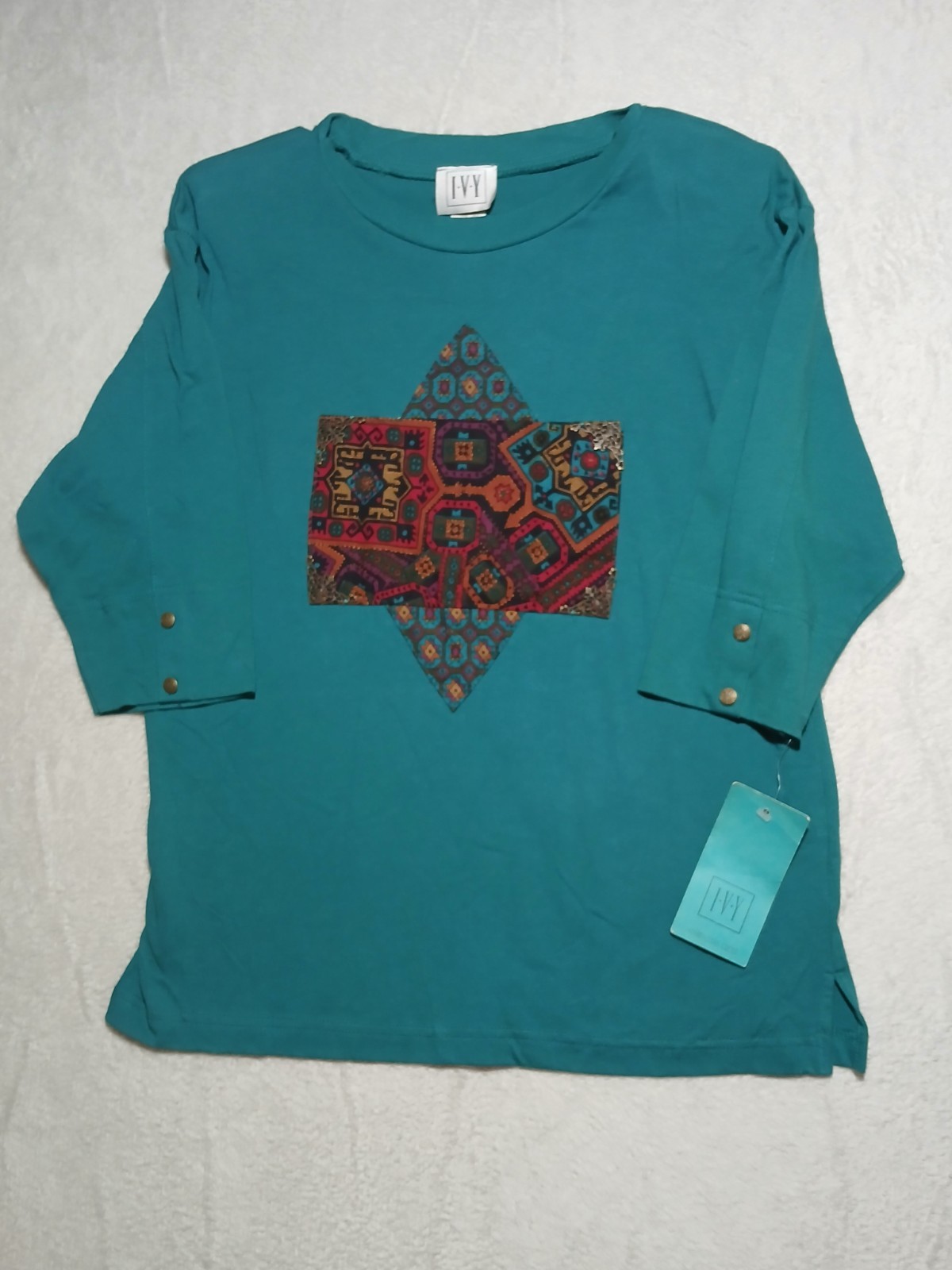 Vintage IVY Women’s Small Teal 3/4 Sleeve Top Quilt Art Patchwork Graphic NWT