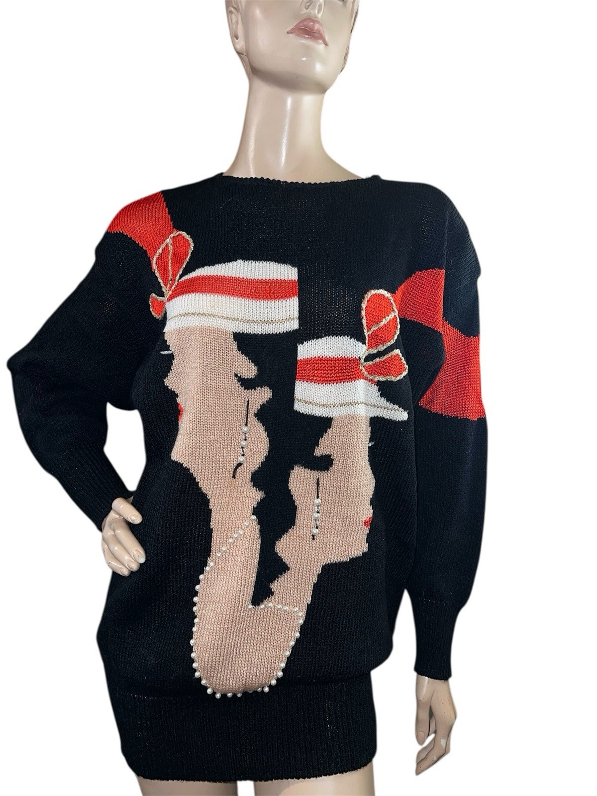 Vtg Maurada Flapper Girl Christmas Embellished Pearl Oversize Sweater Whimsigoth