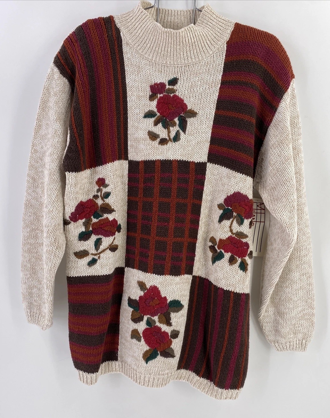 Vtg Milano Womens M Sweater Creme Embroidered Floral Plaid Patchwork