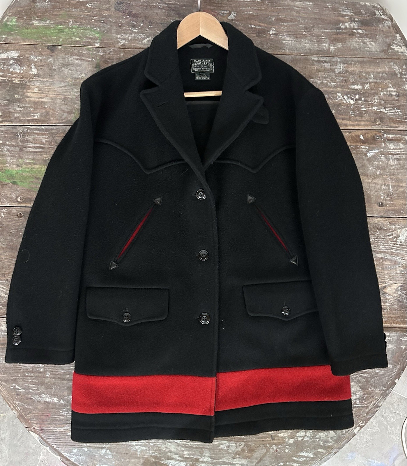 Vintage Ralph Lauren Country Wool Coat Black Red Line EUC Size S Runs Large