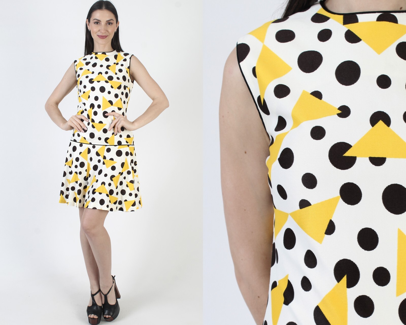 Vintage 60s New Wave Drop Wiast Mini Dress Kick Pleat Preppy Mod Polka Dot Micro