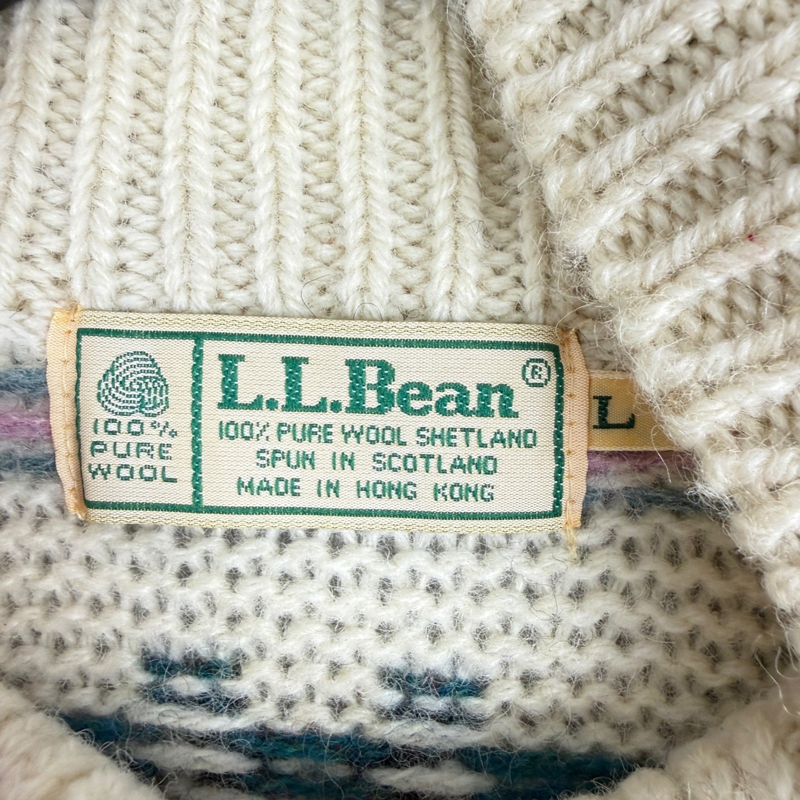 Vtg LL Bean Shetland Wool Fair Isle Sweater Womens Large Cream 100% Wool