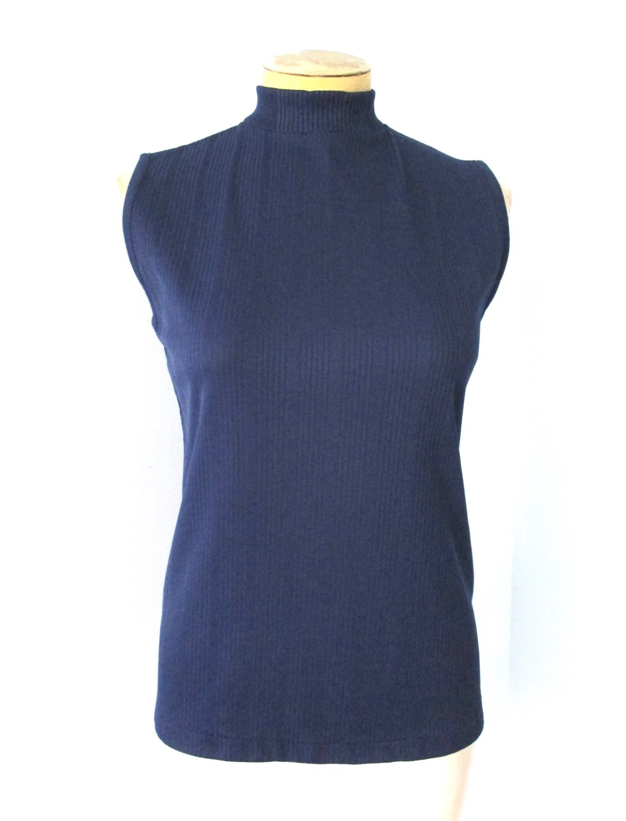 Vtg 60s 70s Mod Navy Blue Textured Knit Stripe Shell Blouse Top Back Neck Zip M