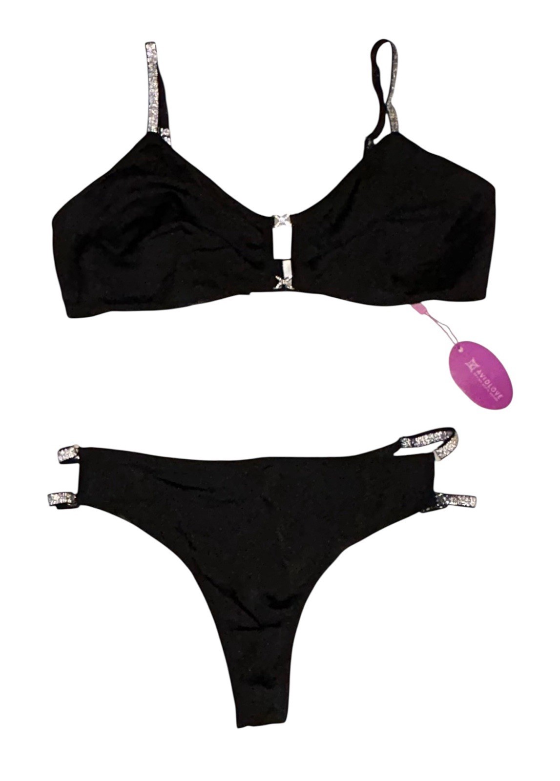 2PC AVIDLOVE Black Shiny Satin Silver Trim Bra & String Bikini Panties L NWT