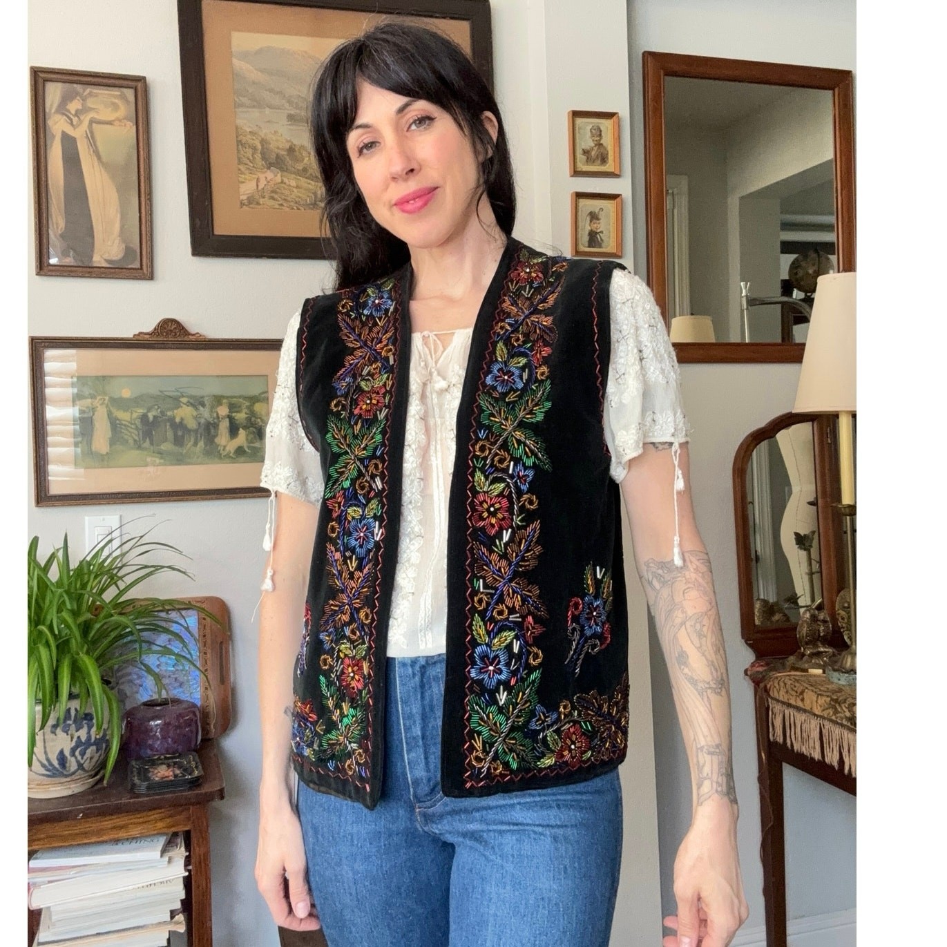 velvet vest glass bead embroidery colorful floral European folk Romanian style