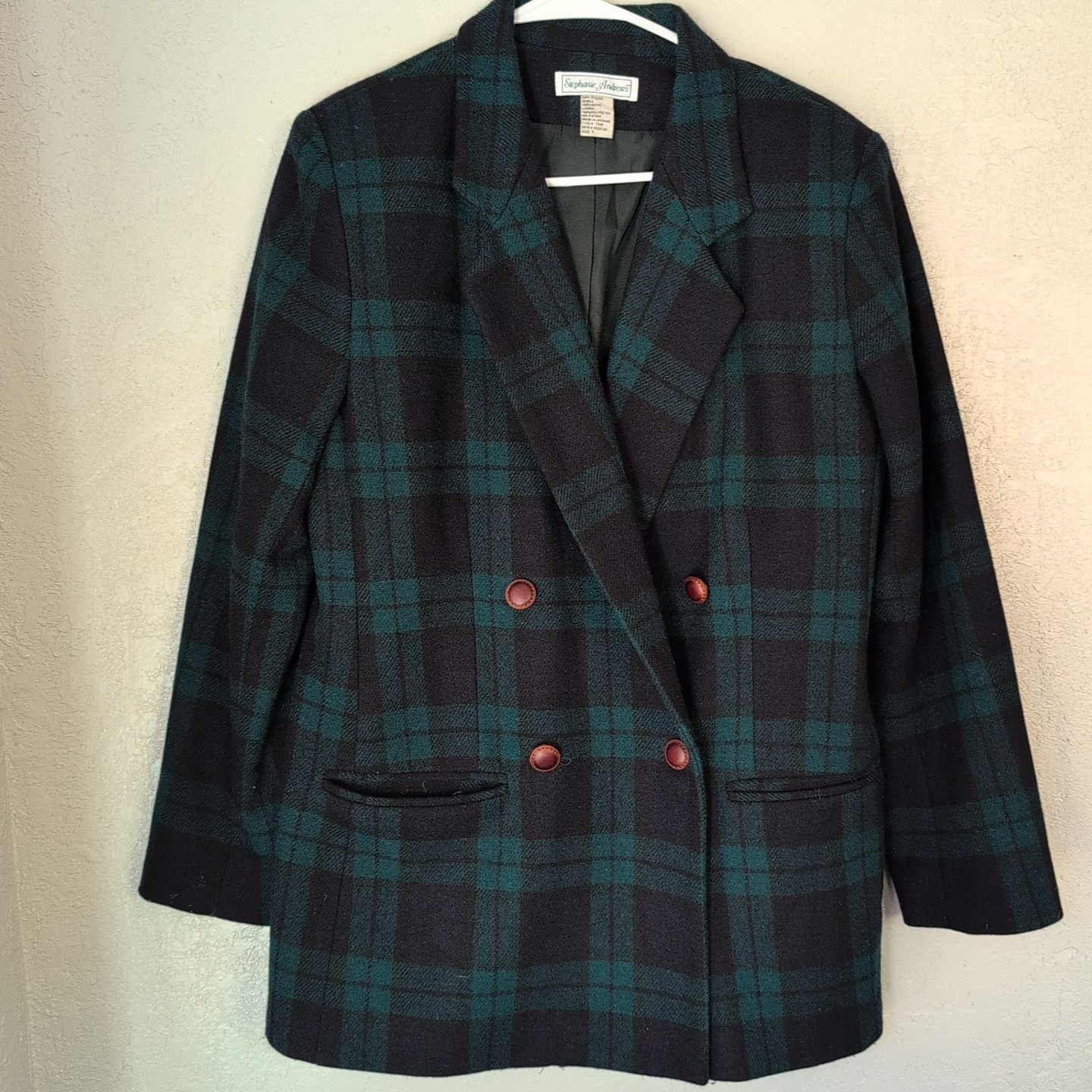 Vintage wool blazer M blue Green Plaid Shoulder Pads grunge goblin indie 80s 90s