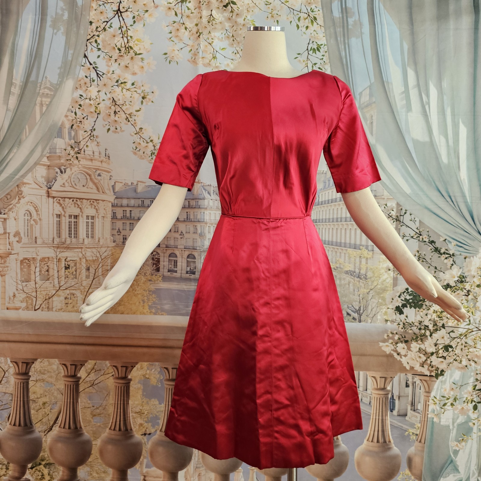 Vintage 1950s Dress Cherry Red Liquid Satin Half Sleeve Pinup Rockabilly