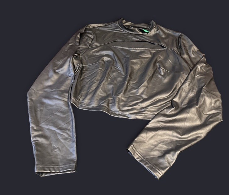 Mandee Black Metallic Lurex Crop Top Vintage Stretch Ruched Sleeve Leather