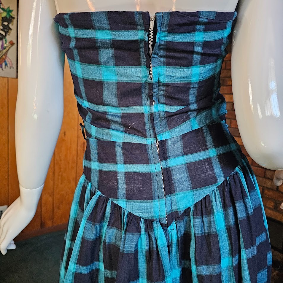 Vtg 1950s Shelf Bust Halter Windowpane Plaid Rockabilly Sundress Day Dress XS/S