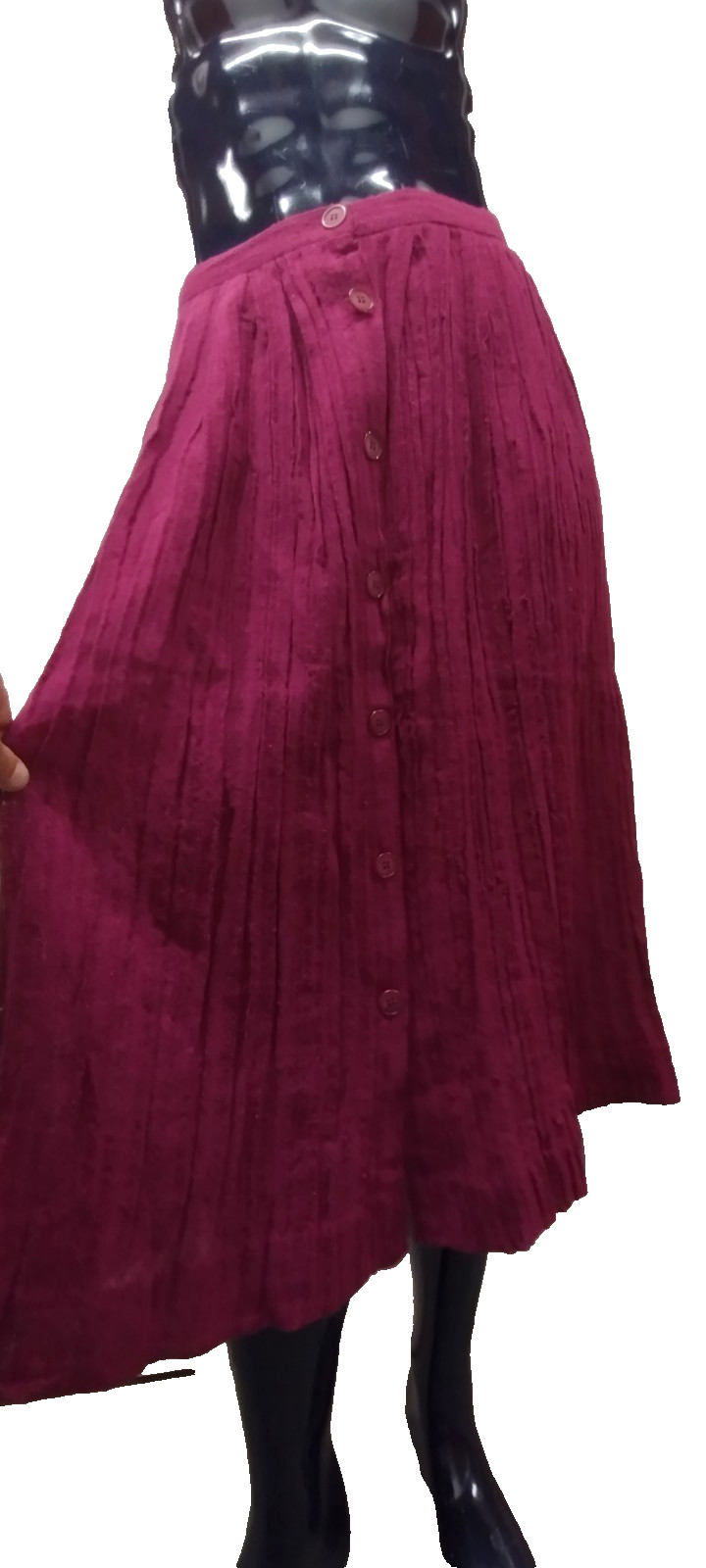 1970s Campus Casuals Pink Fuchsia Skirt Crinkle Cotton Buttons Below Knee Size M