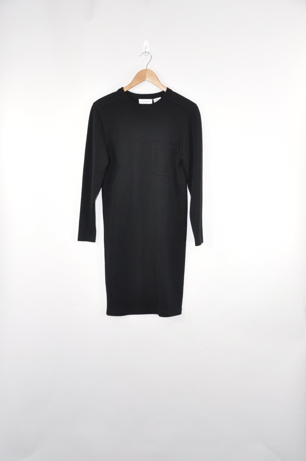 90s Vintage Black Wool Blend Minimalist Long Sleeve Knit Sweater Dress Women XS