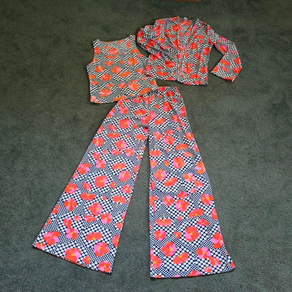 Vtg 70s Mod Op Art Bubble Psychedelic 3pc Tunic Top Wide Bellbottom Pantsuit M/L