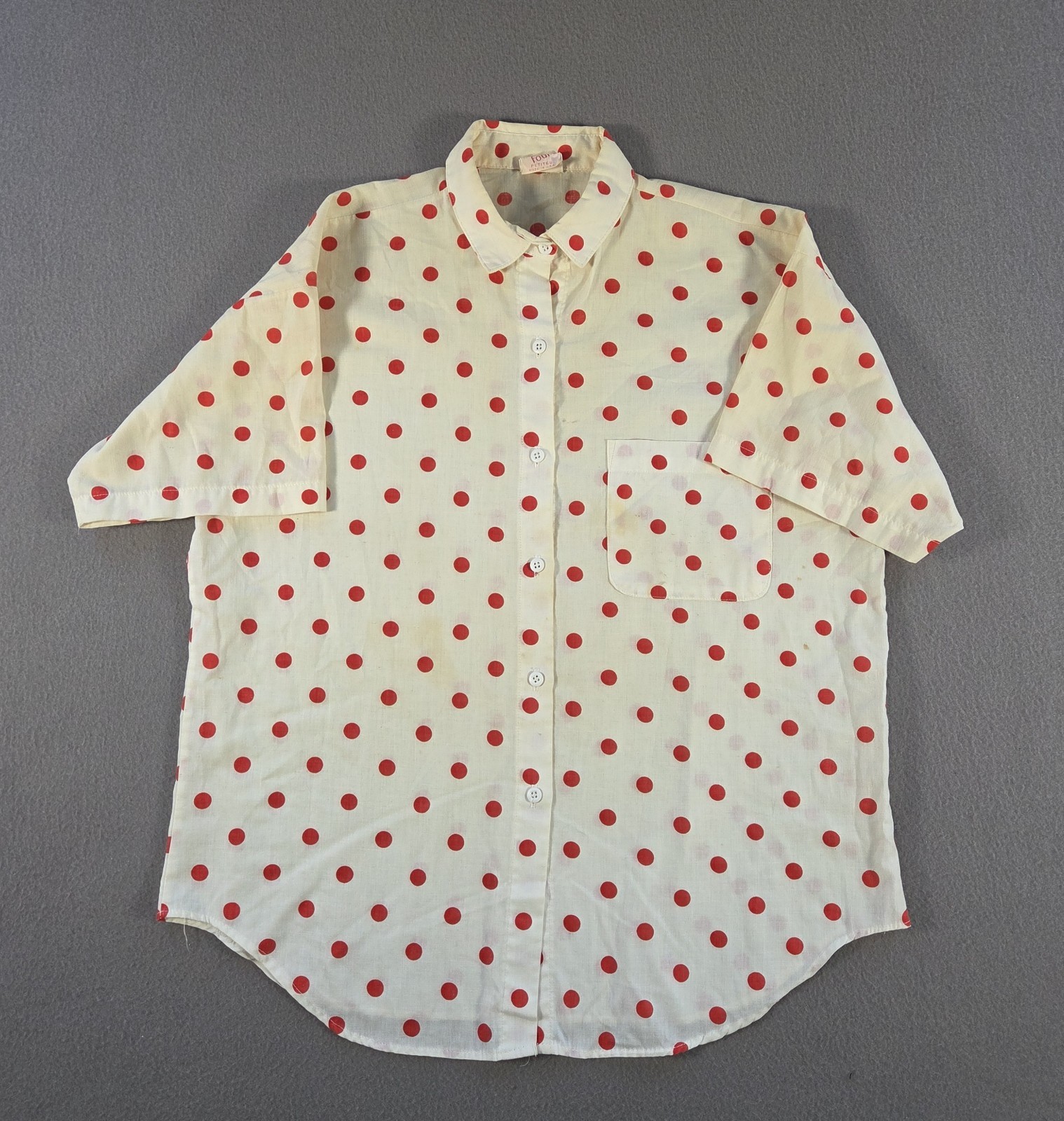 Vintage Polka Dot Shirt Womens Large White Red Blouse 60s 70s Made USA