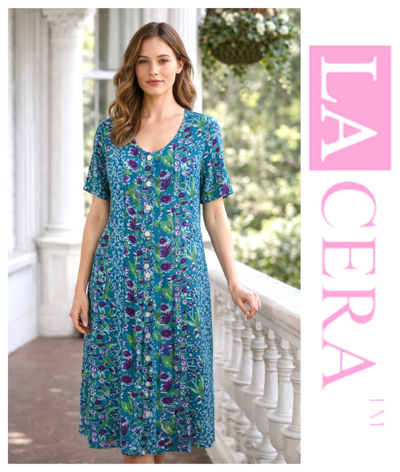LA Cera VTG Teal Purple Floral Button Front Pockets Padded Shoulder Midi Dress L