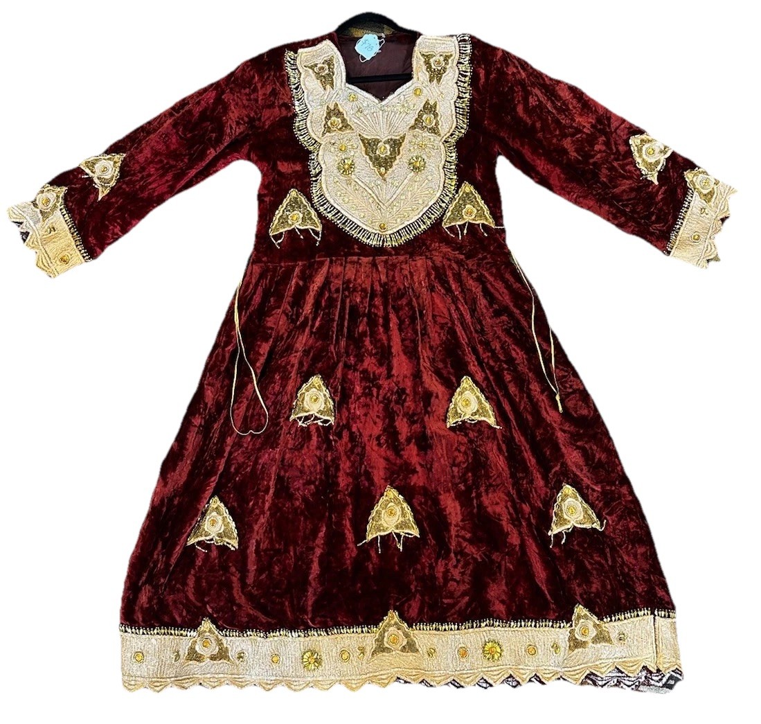 Handmade Women’s Red Velvet Gown Embroidered Beaded 1960’s Vintage Regal Costume