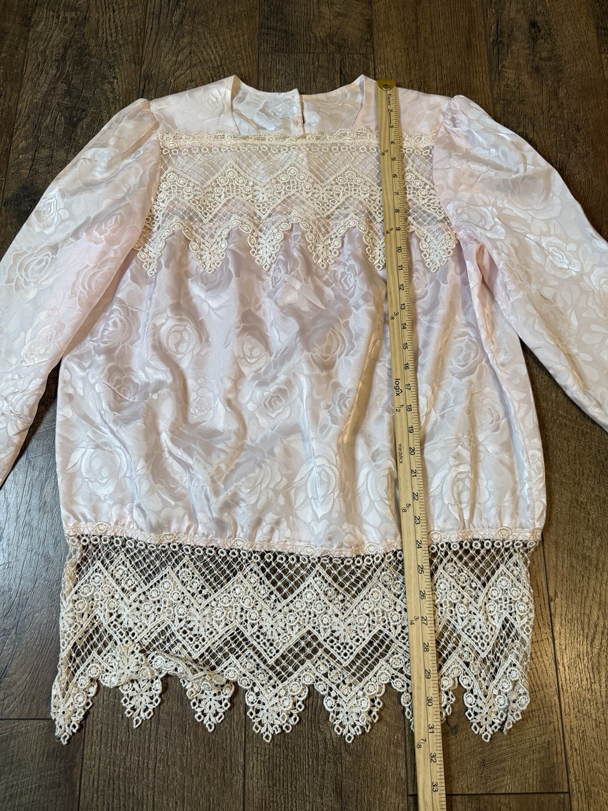 Vintage Satin Floral Pink Edwardian Lace Long Sleeve Blouse Sz 18 (XL)