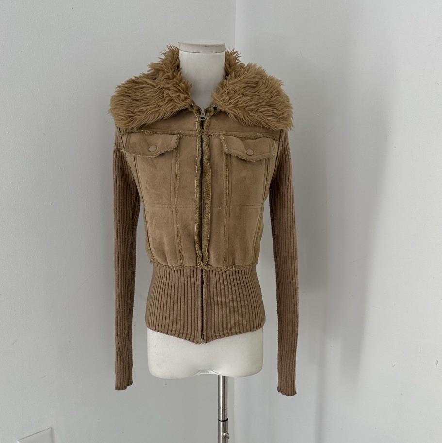 Vintage Y2K Faux Fur/Suede Ribbed Knit Flattering Zip Jacket Almost Famous Core