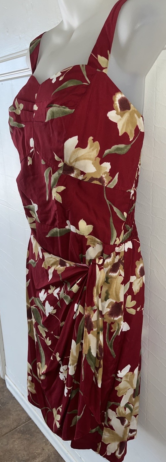 Vtg 90s Paradise Found Hawaiian Dress Burgundy Floral Sarong Wrap USA Made Sz L