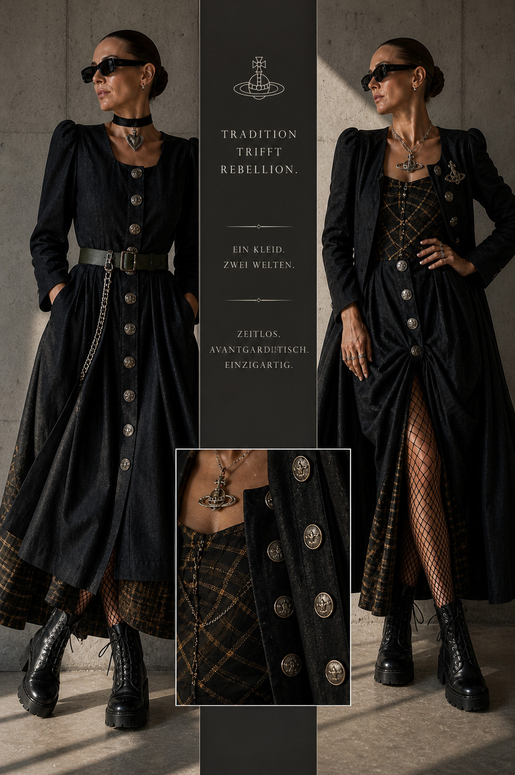 Vintage Wenger Dress Costume Dirndl Military Buttons Linen Wool 36 38