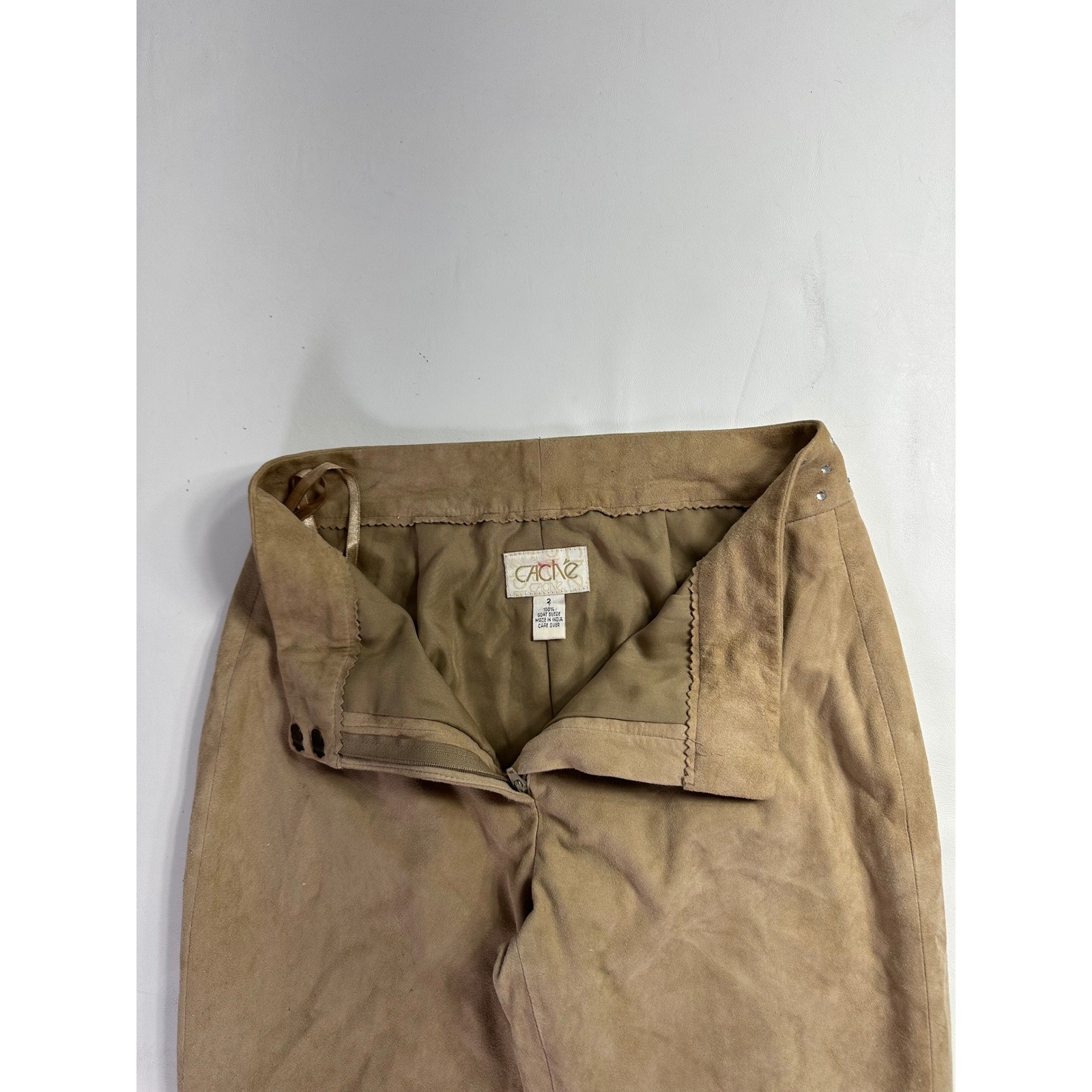 Cache Vintage Tan 100% Goat Suede Studded Rhinestone Straight Leg Pants Size 2