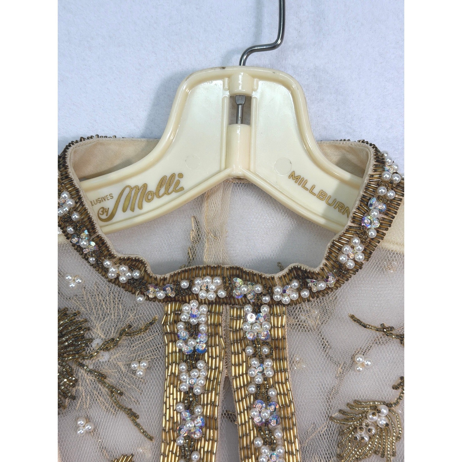 Handmade Vintage Palm Beach Gold Silk Beaded Dress 14 M / L Long Sleeve