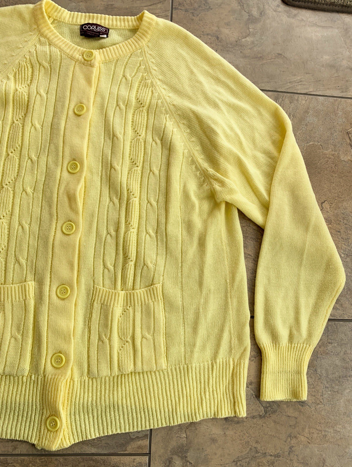 Vintage 70s Corliss Women’s 44 XL Yellow Button Up Cardigan Sweater Pockets