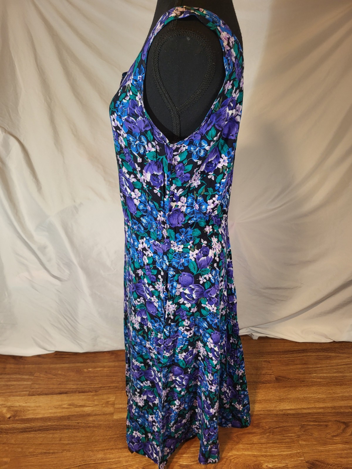 Vintage S Roberts Size 11 Dress Purple Green Blue Floral Button Front Sleeveless