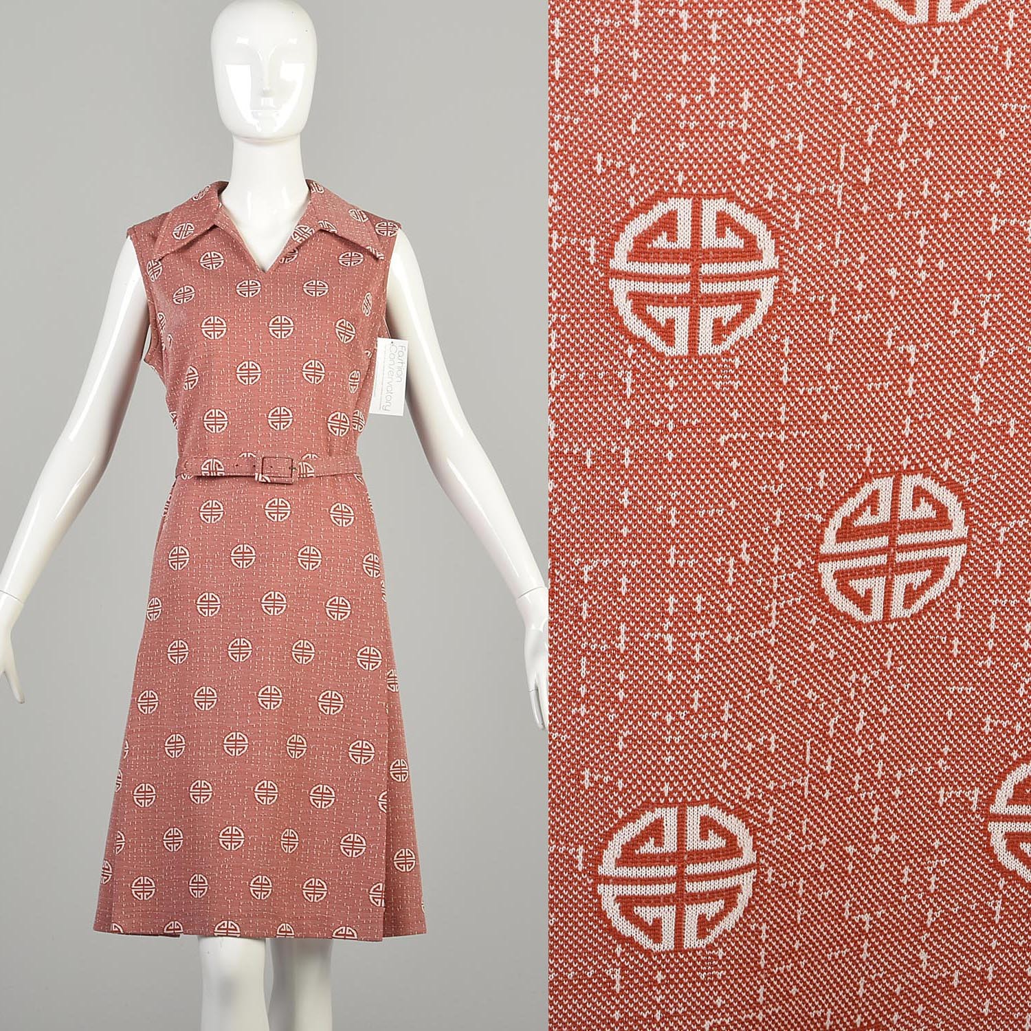 1970s Large Asian Pattern Sleeveless Dress Belted Knee length Wing Collar