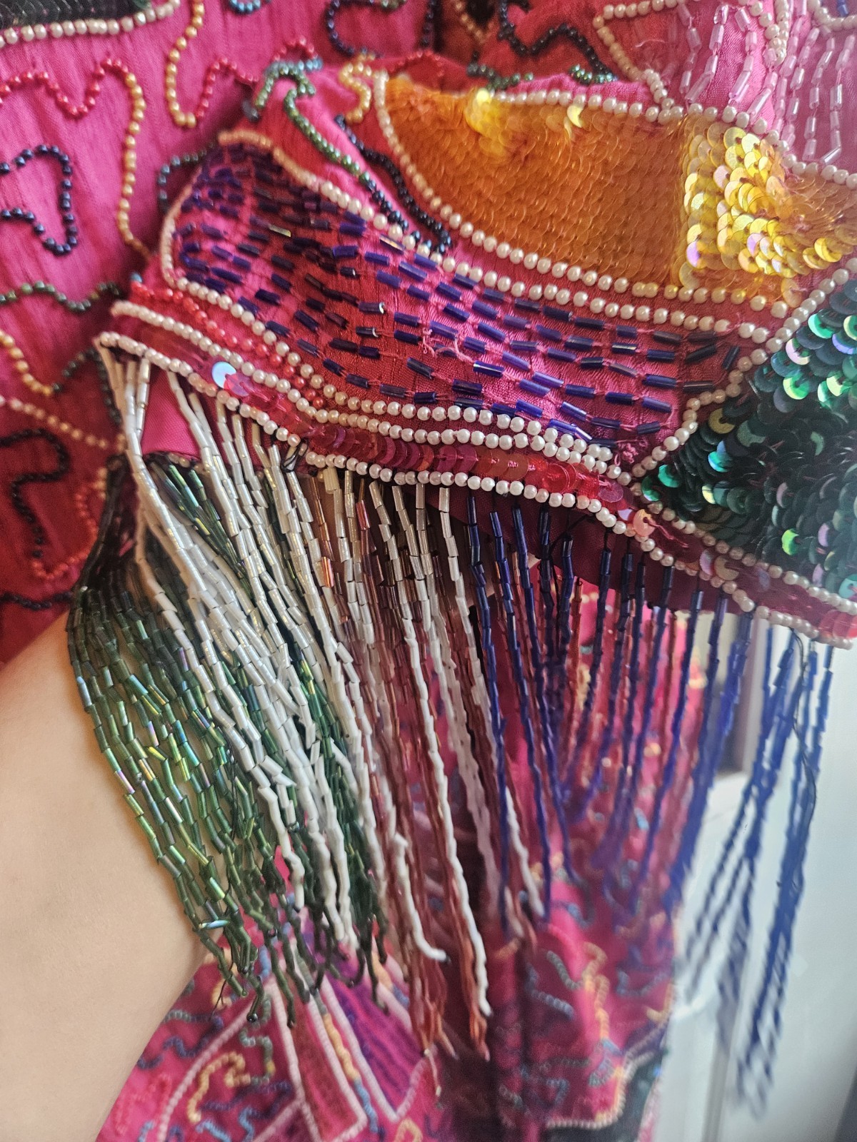 Vintage 80s Flapper 100% Silk Funky Beaded Whimsical Retro Large Sequin Dress