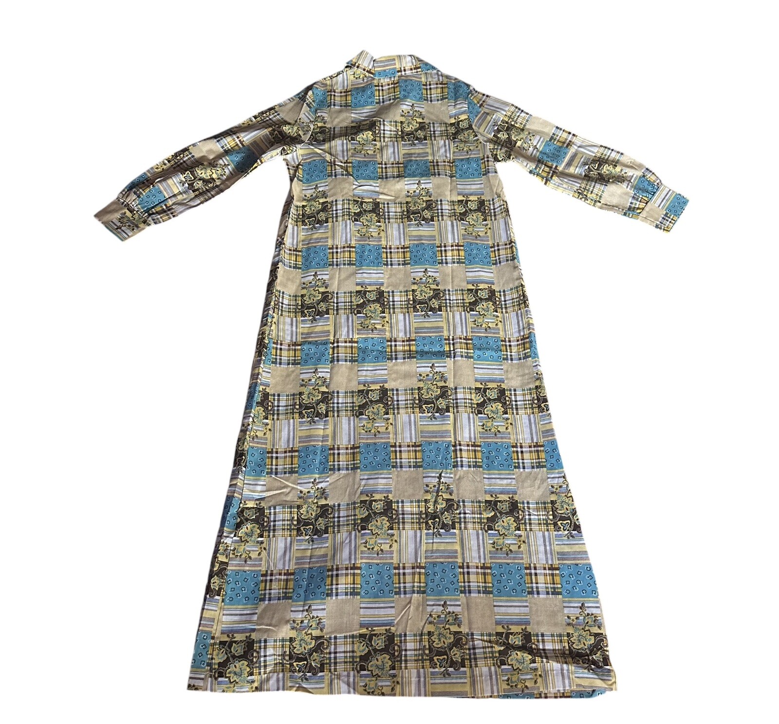 Vtg Western Patchwork Faux Print Pearl Snap House Coat Long Shirt Dress SZ Small