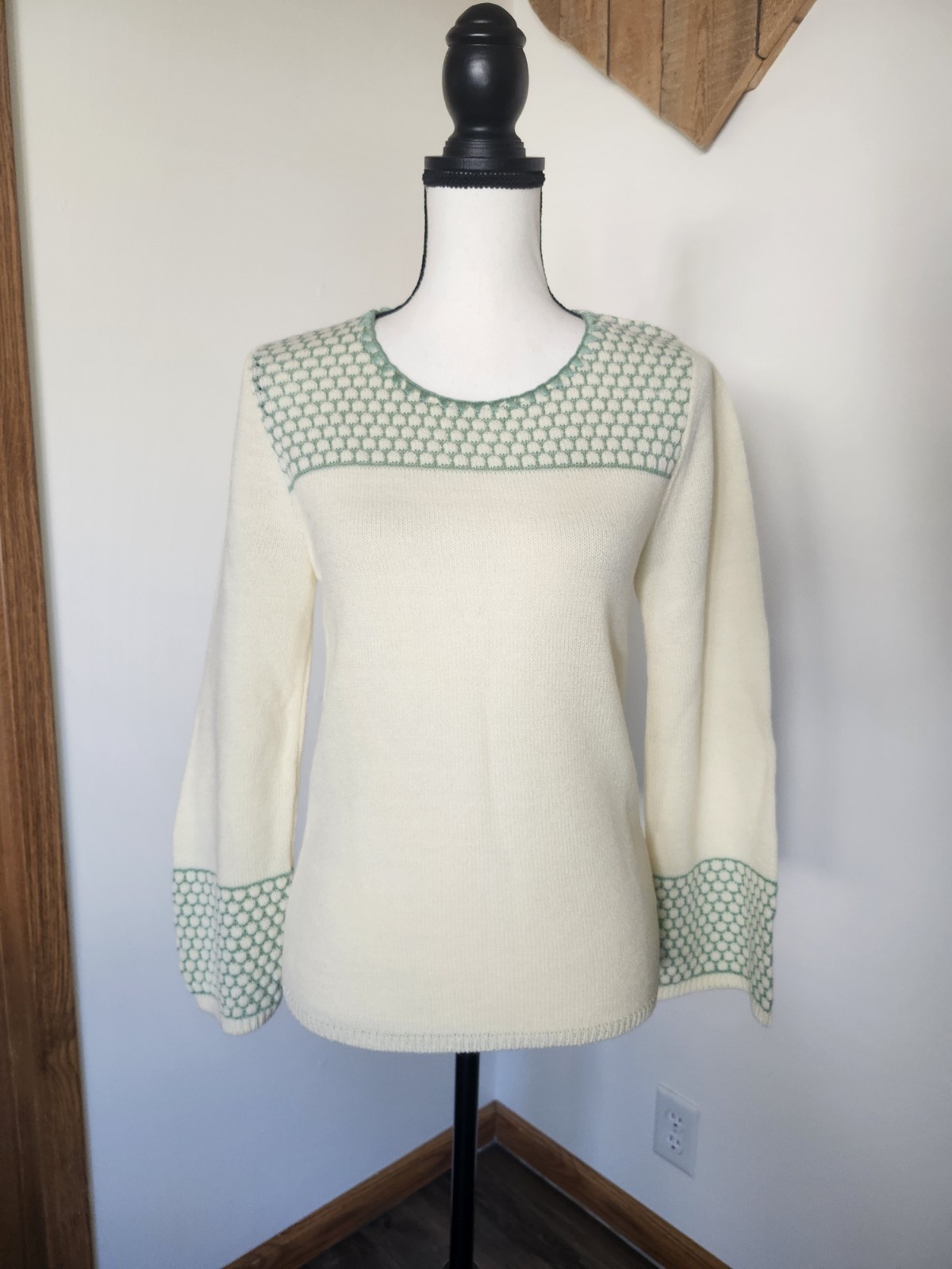 Vintage Sears JR Bazaar Cream And Green Knit Sweater