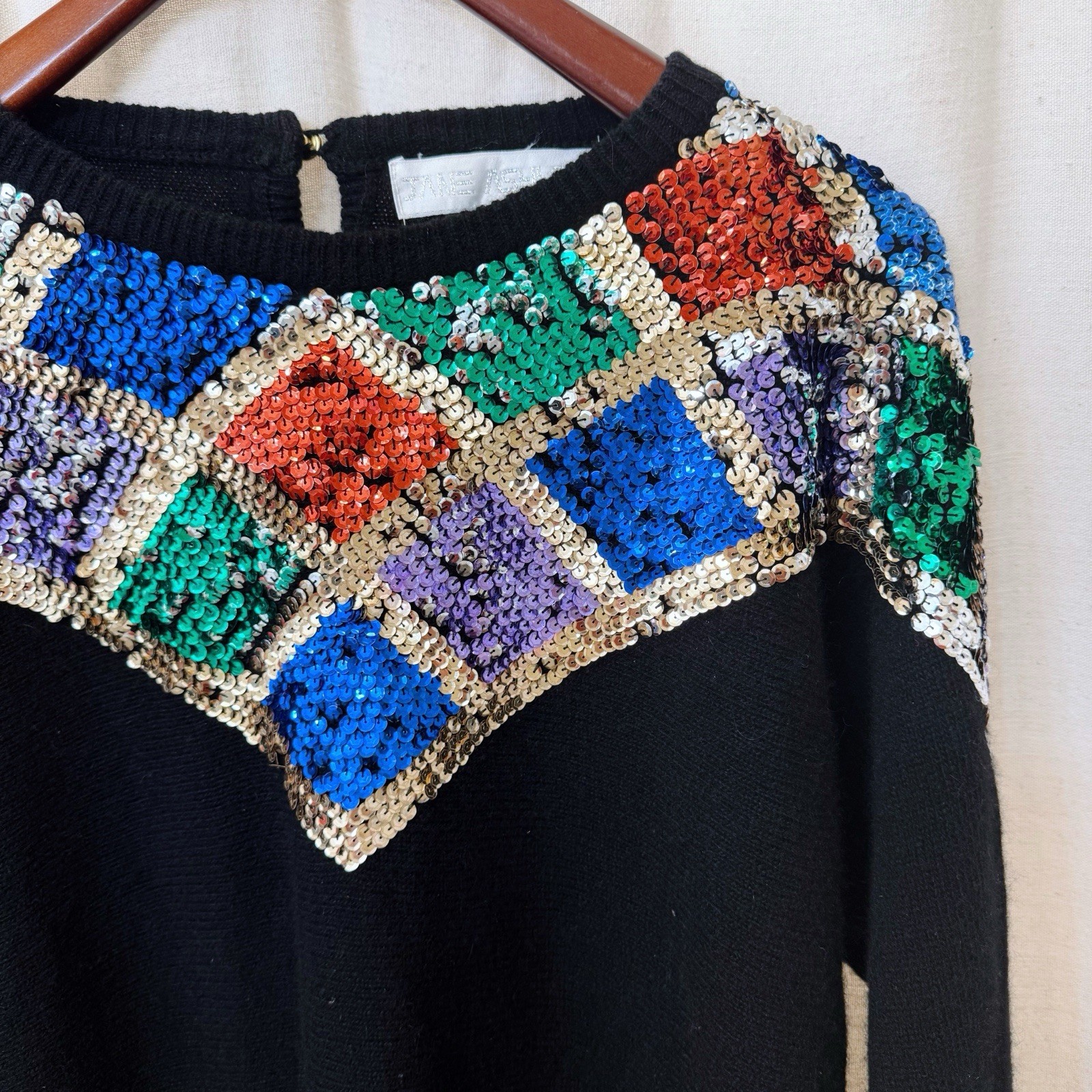 Vintage 1980’s Jane Ashley Women’s Size M Black Sequin Sweater Cinched Waist
