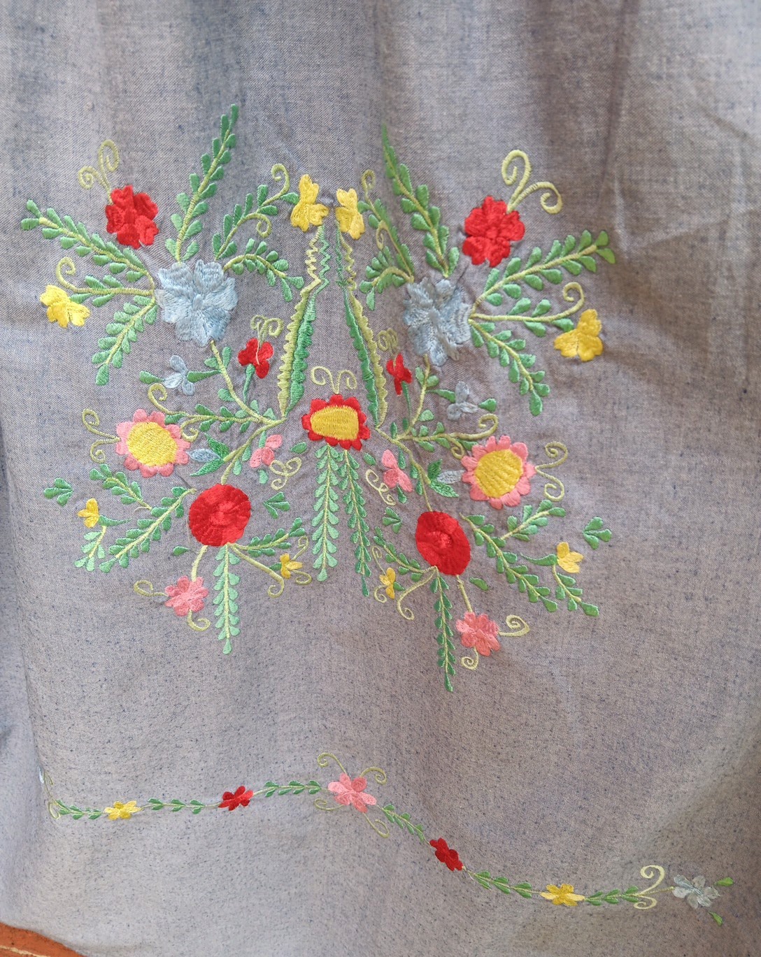 Vintage Advantique House Dress Muumuu L Floral Embroidered Denim Granny Core