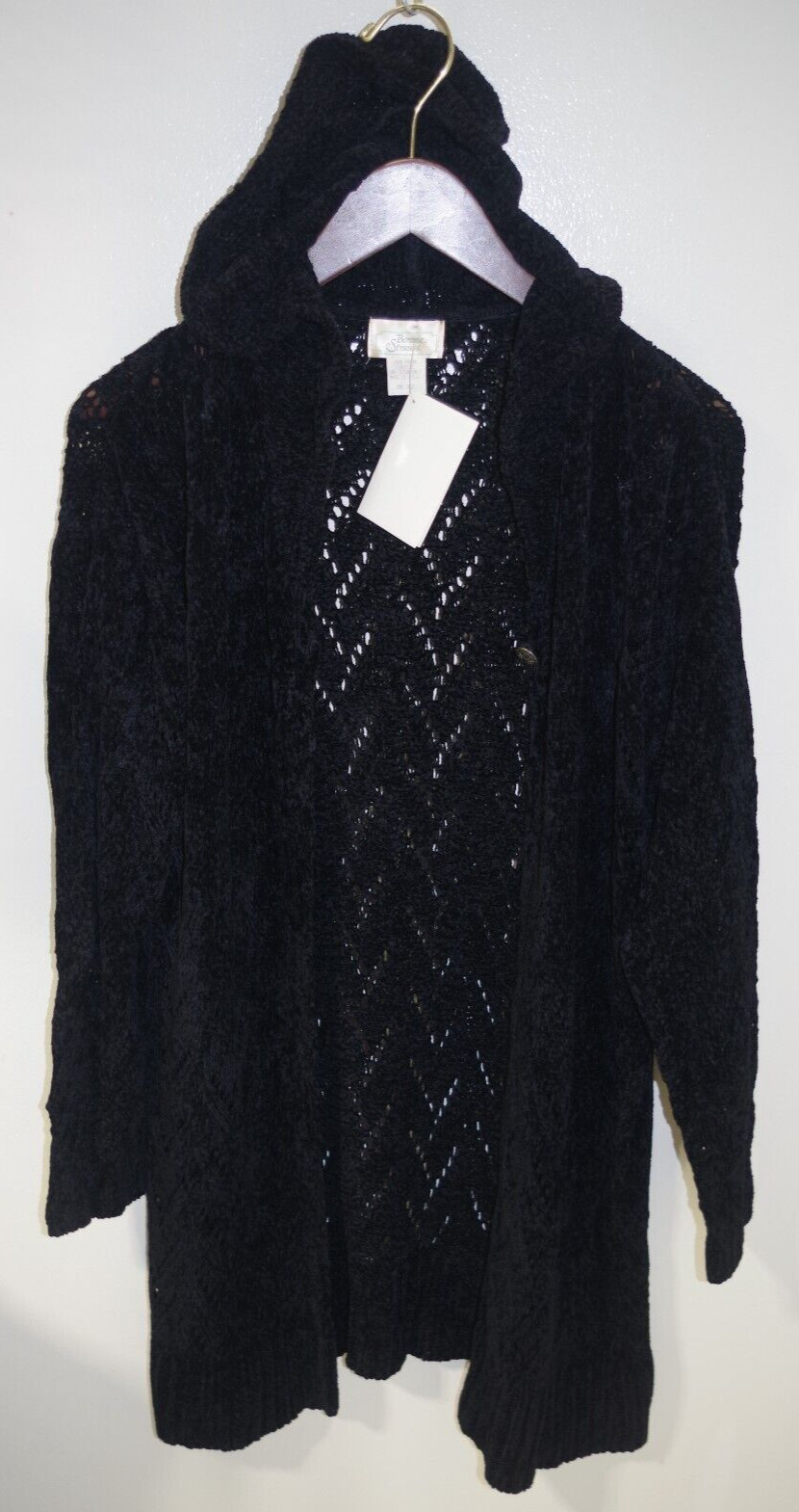 C22 NWT Bonnie Strauss Hoodie Long Cardigan Black Chenille Openwork Knit Coat