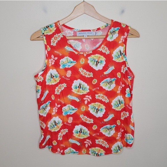 Vintage Howard Wolf | Red Hawaiian Aloha Hula Dancer Print Tank Top, size small