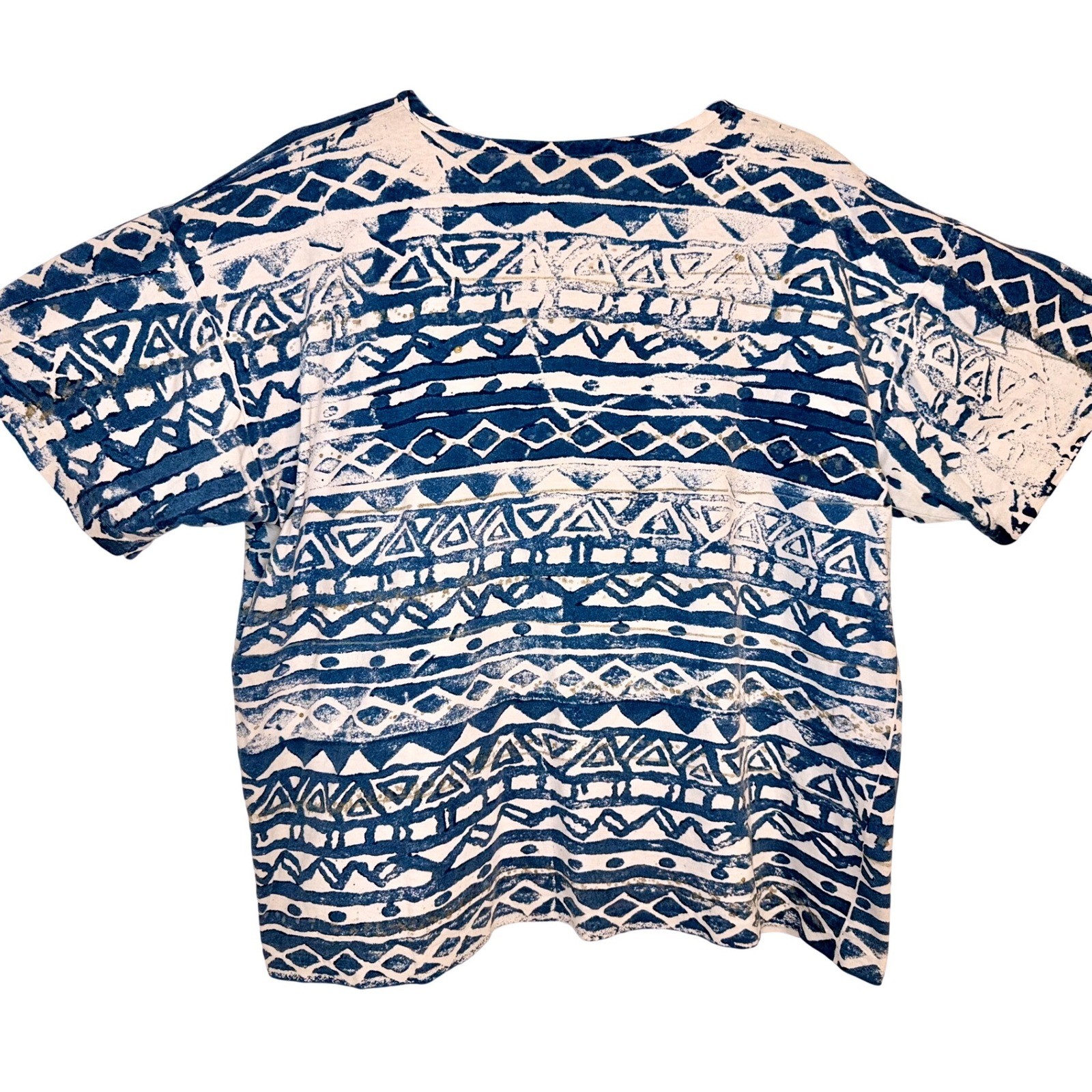 90s Vintage XL Boxy Cotton Retro Geometric Block Print Blue Purple Green Kidcore