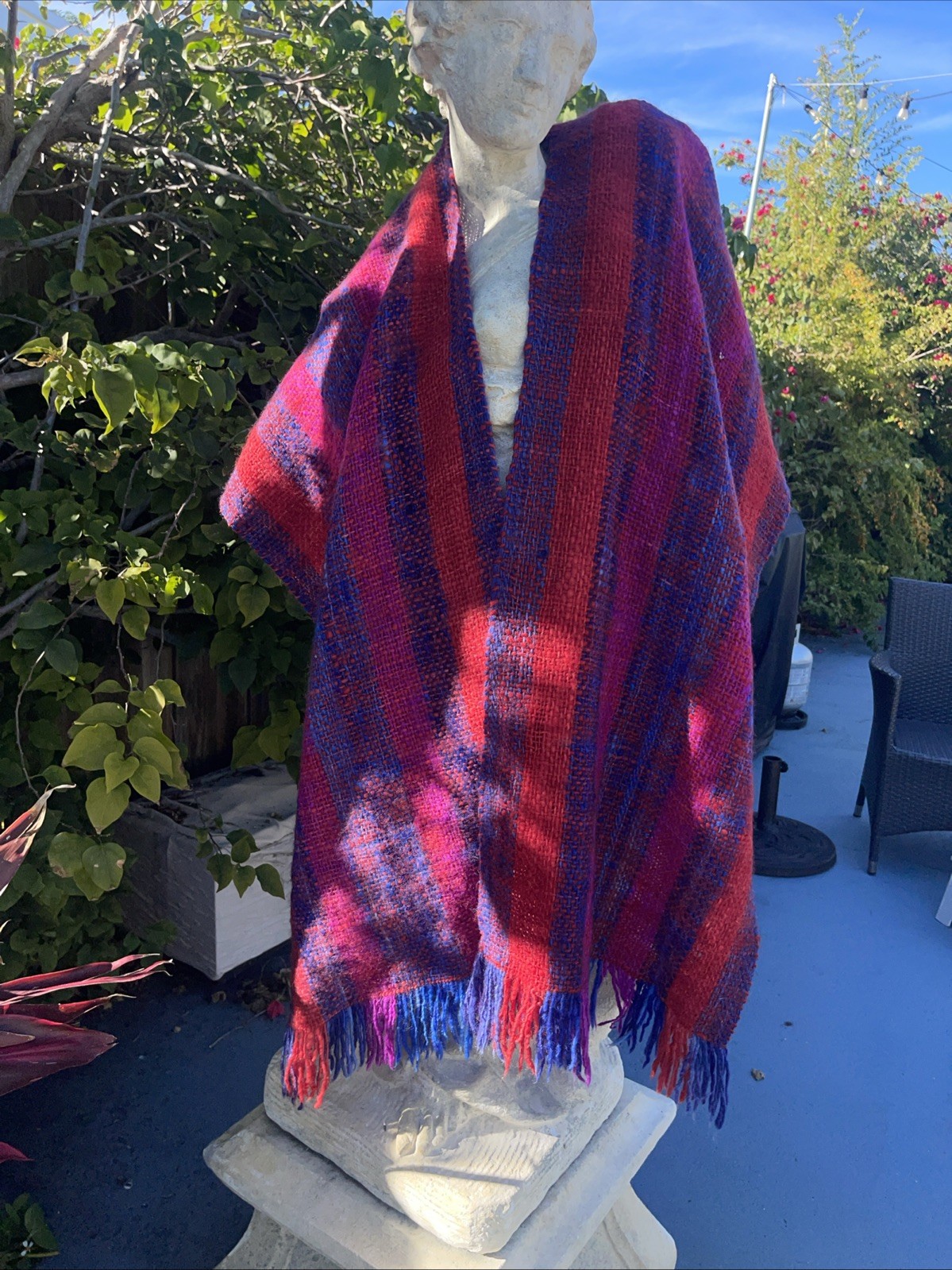 Manos Del Uruguay Handspun Artisan Fringe Poncho Shawl Sweater Knit Blanket Boho