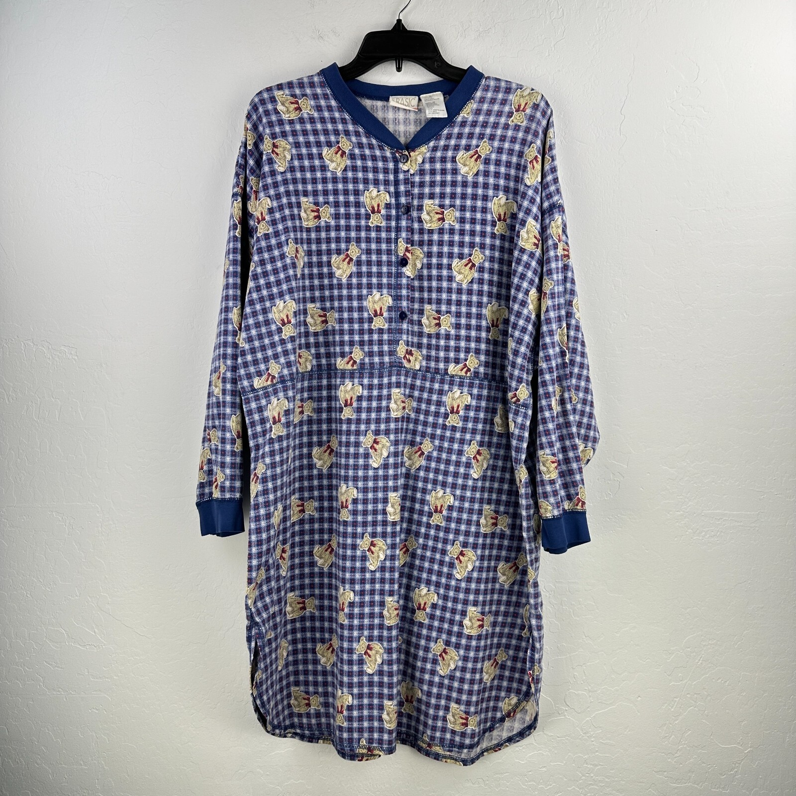 Vtg Simply Basic Sleep Shirt XL Blue Teddy Bear Plaid Cotton Long Sleeve AOP